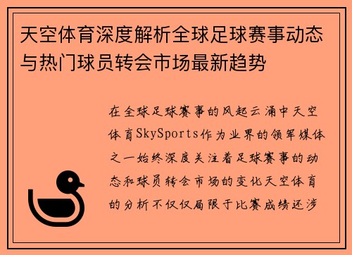 天空体育深度解析全球足球赛事动态与热门球员转会市场最新趋势
